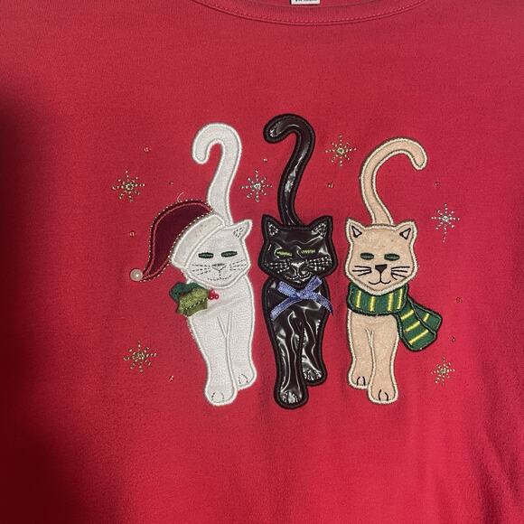Mercer Street Studio Shirt Women Extra Large Red Christmas Cats Applique Holiday - Picture 2 of 13
